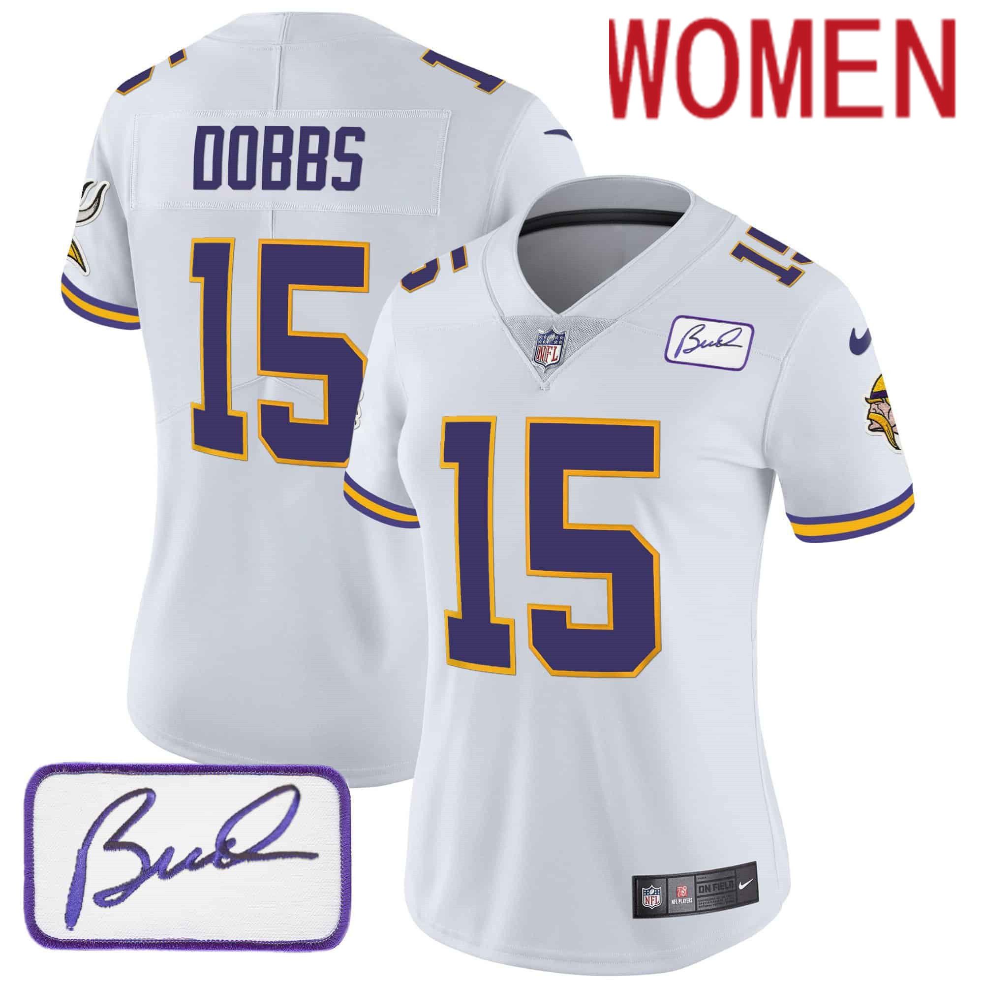 Women Minnesota Vikings #15 Dobbs White 2024 Nike Patch Classic Limited NFL Jersey->women nfl jersey->Women Jersey